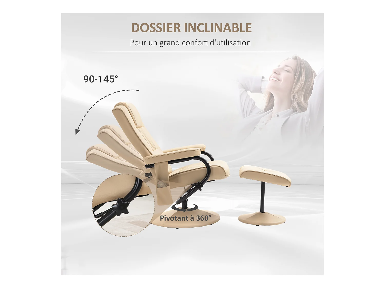 Fauteuil de massage et relaxation électrique pivotant inclinable avec repose-pied revêtement synthétique beige
