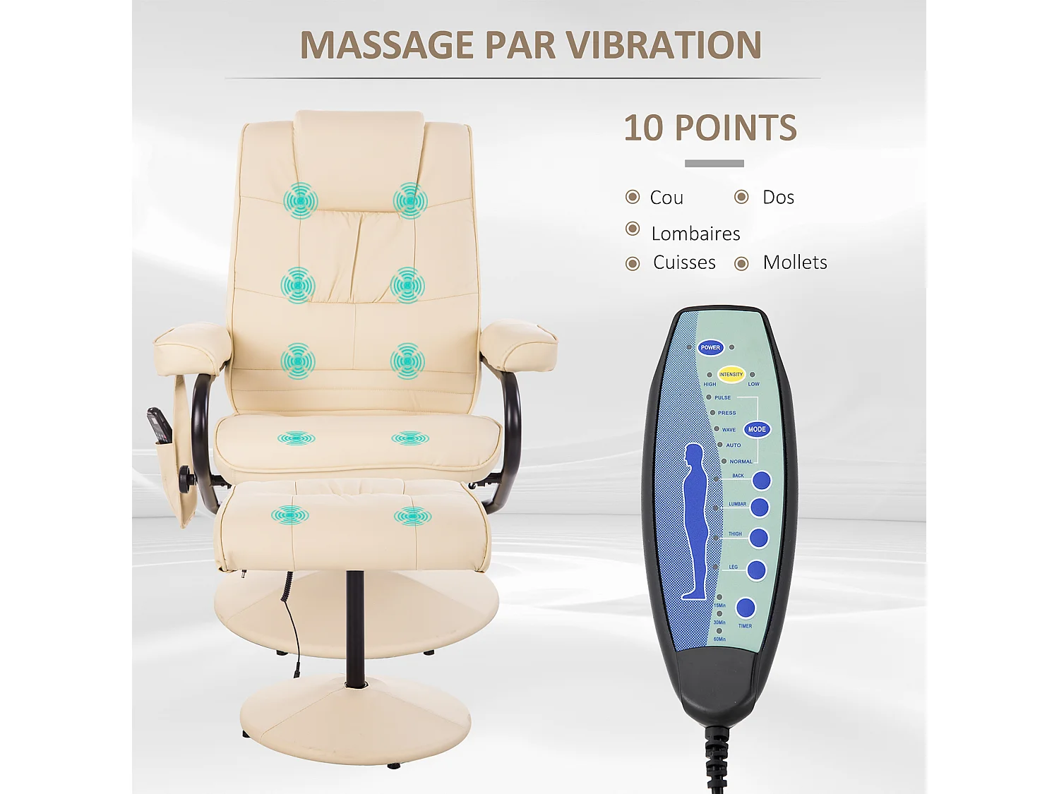 Fauteuil de massage et relaxation électrique pivotant inclinable avec repose-pied revêtement synthétique beige