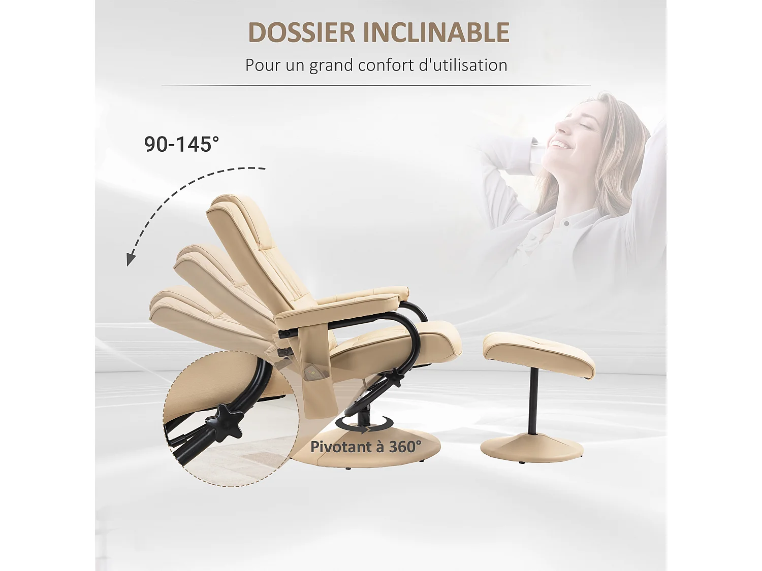 Fauteuil de massage et relaxation électrique pivotant inclinable avec repose-pied revêtement synthétique beige