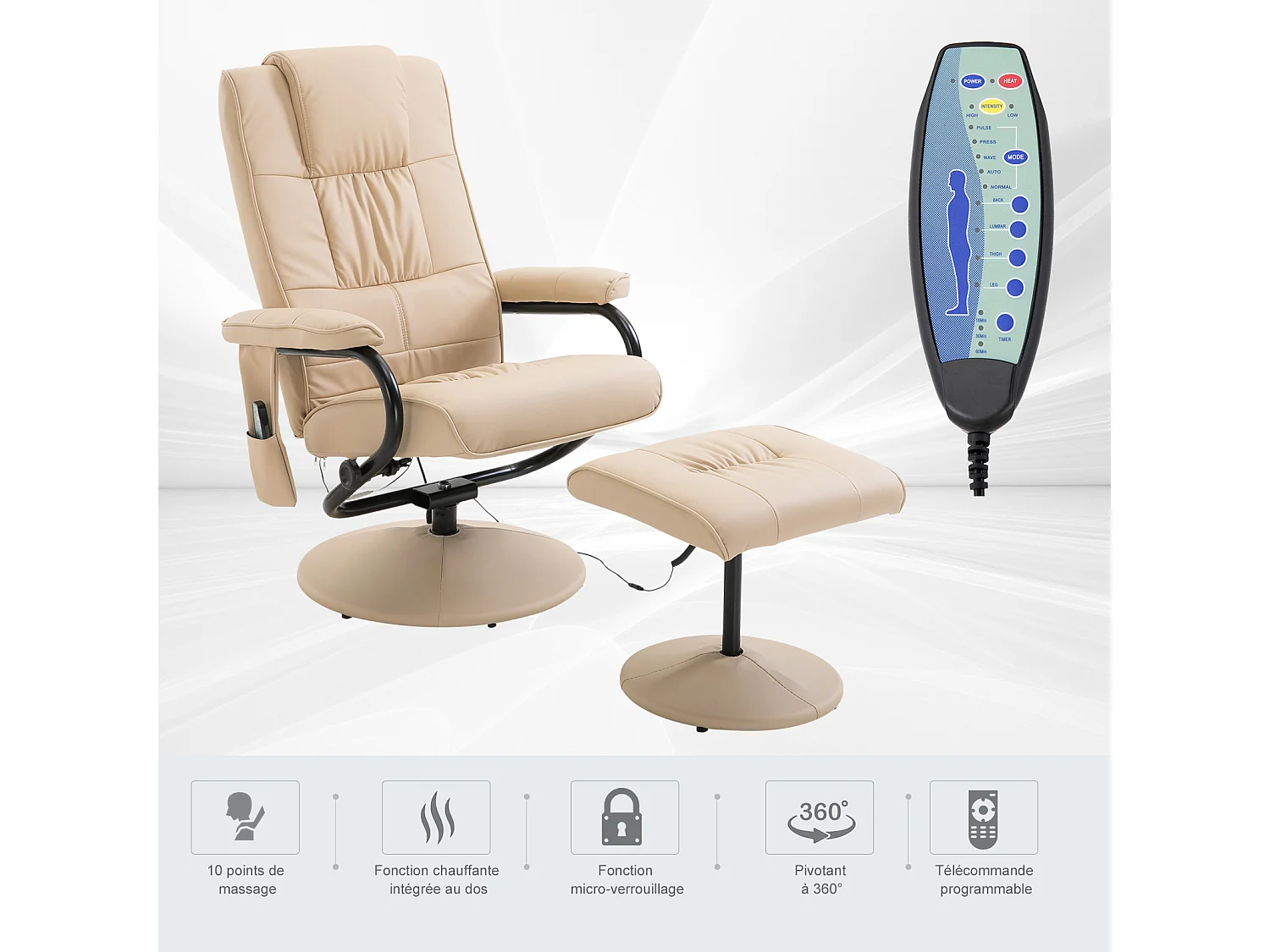 Fauteuil de massage vibration electrique relaxation avec chauffage beige