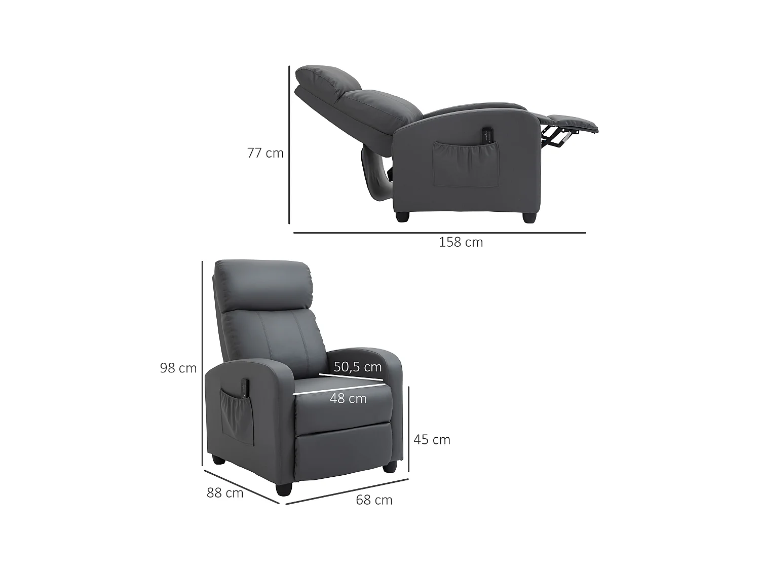 Fauteuil de relaxation et massage inclinaison dossier repose-pied réglable revêtement synthétique gris