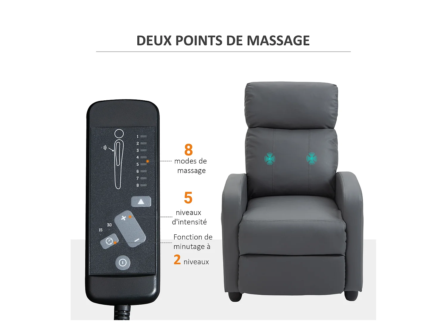 Fauteuil de relaxation et massage inclinaison dossier repose-pied réglable revêtement synthétique gris