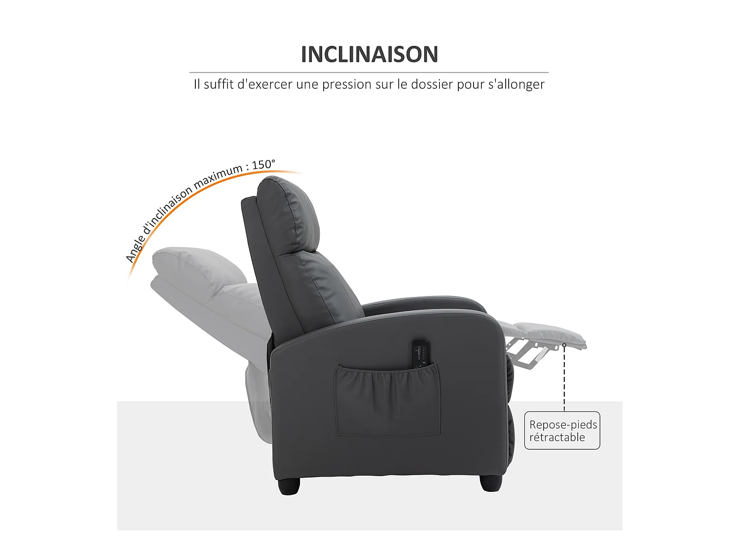 Fauteuil de relaxation et massage inclinaison dossier repose-pied réglable revêtement synthétique gris