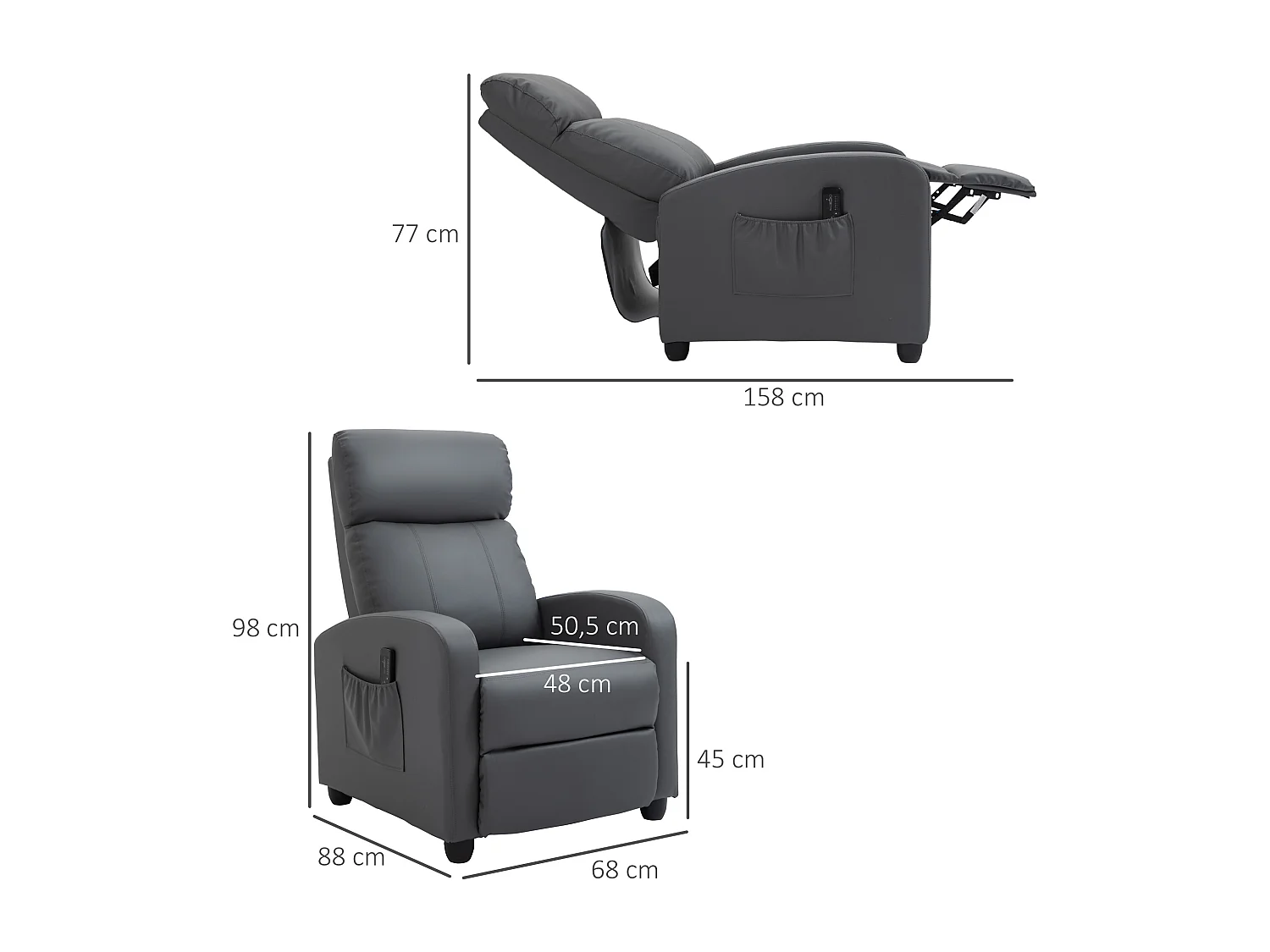 Fauteuil de relaxation et massage inclinaison dossier repose-pied réglable revêtement synthétique gris