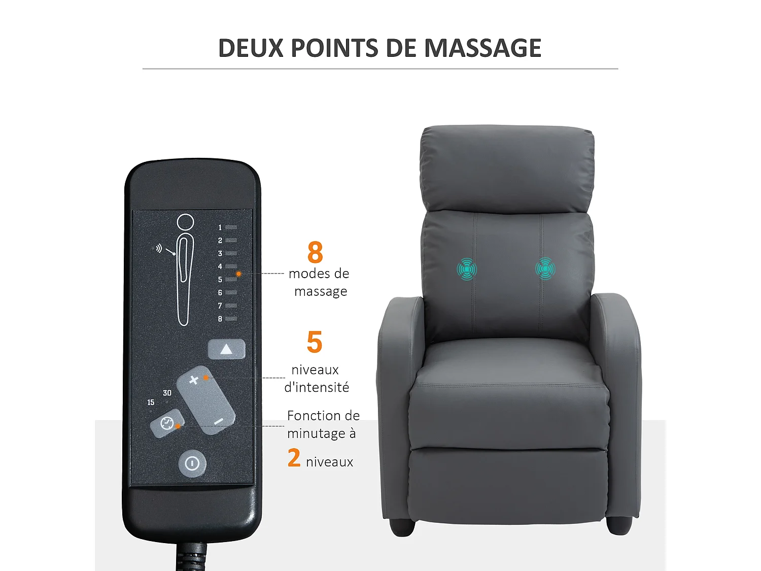 Fauteuil de relaxation et massage inclinaison dossier repose-pied réglable revêtement synthétique gris