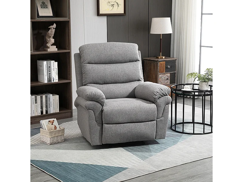 Fauteuil de relaxation inclinable manuel avec repose-pied ajustable tissu polyester aspect lin gris clair chiné