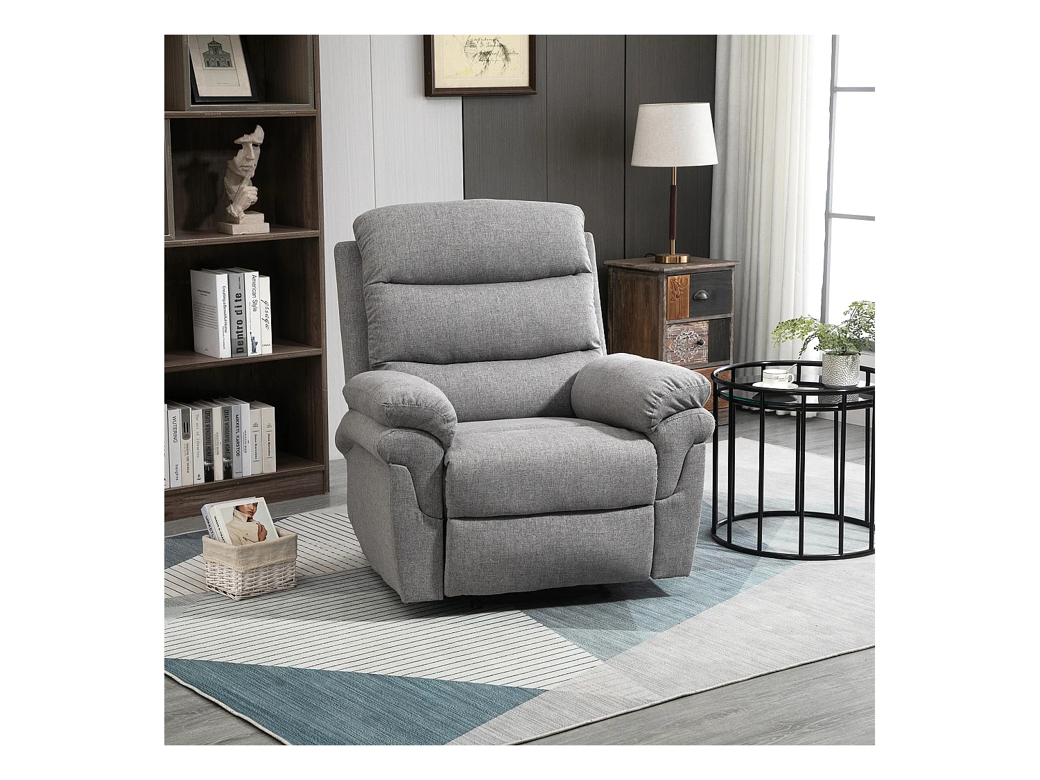 Fauteuil de relaxation inclinable manuel avec repose-pied ajustable tissu polyester aspect lin gris clair chiné