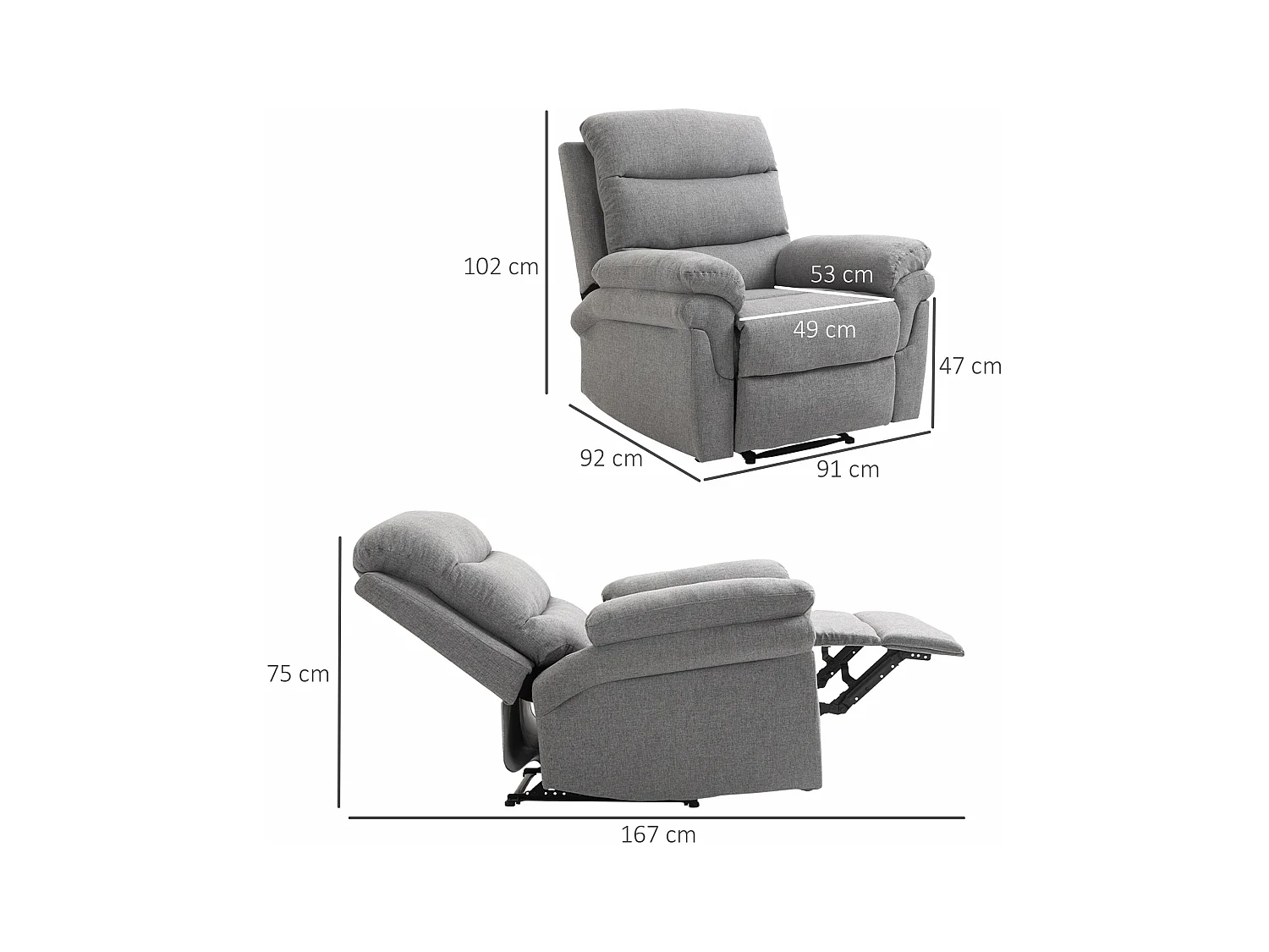 Fauteuil de relaxation inclinable manuel avec repose-pied ajustable tissu polyester aspect lin gris clair chiné
