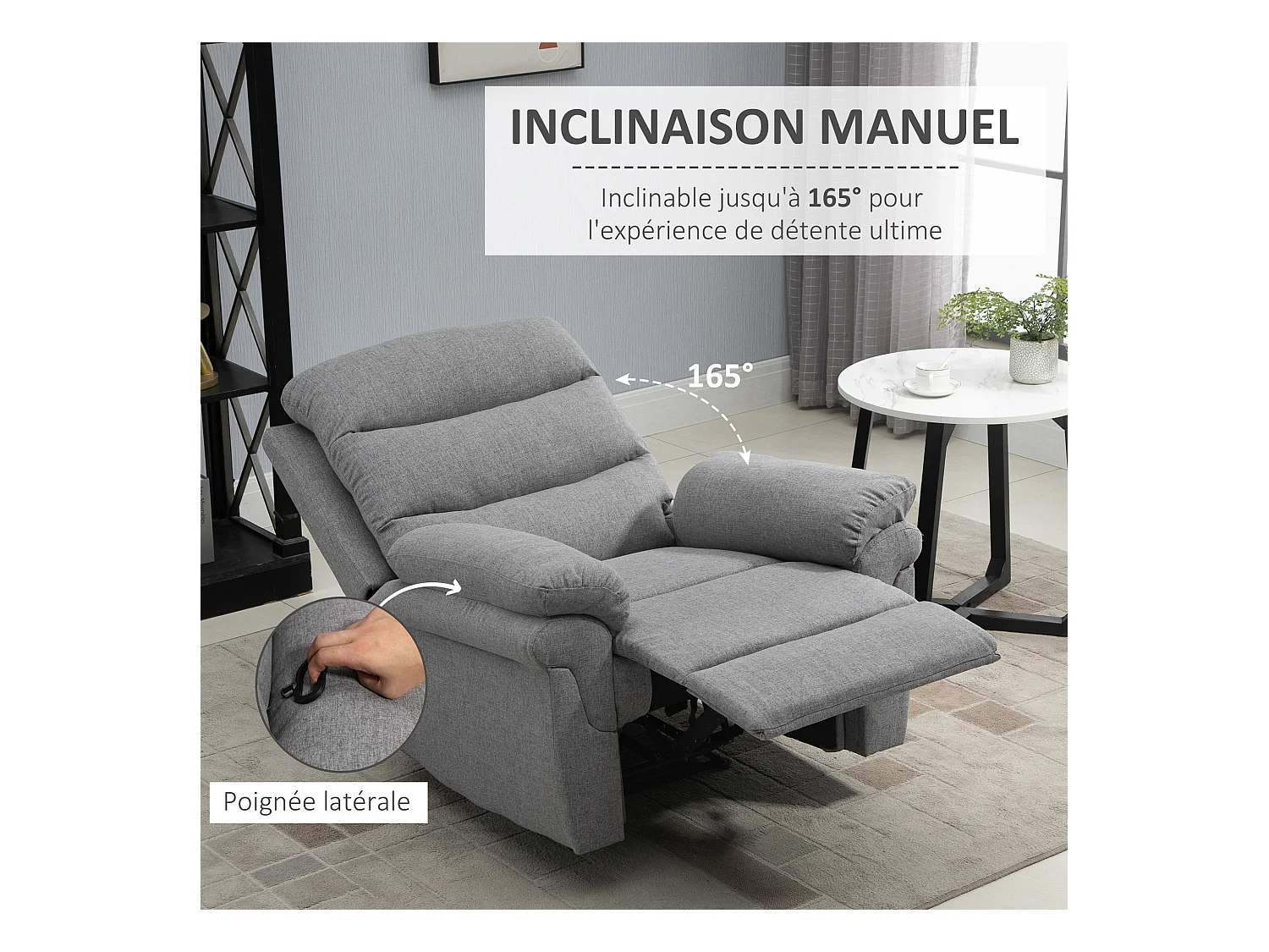 Fauteuil de relaxation inclinable manuel avec repose-pied ajustable tissu polyester aspect lin gris clair chiné