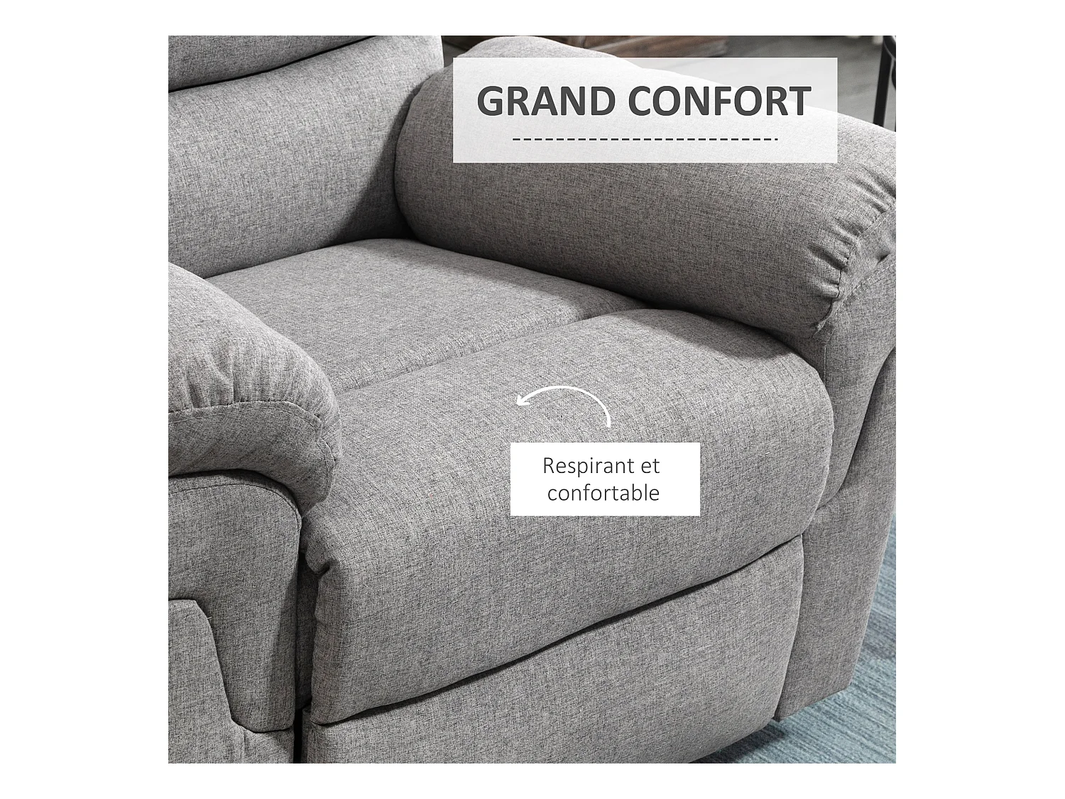 Fauteuil de relaxation inclinable manuel avec repose-pied ajustable tissu polyester aspect lin gris clair chiné