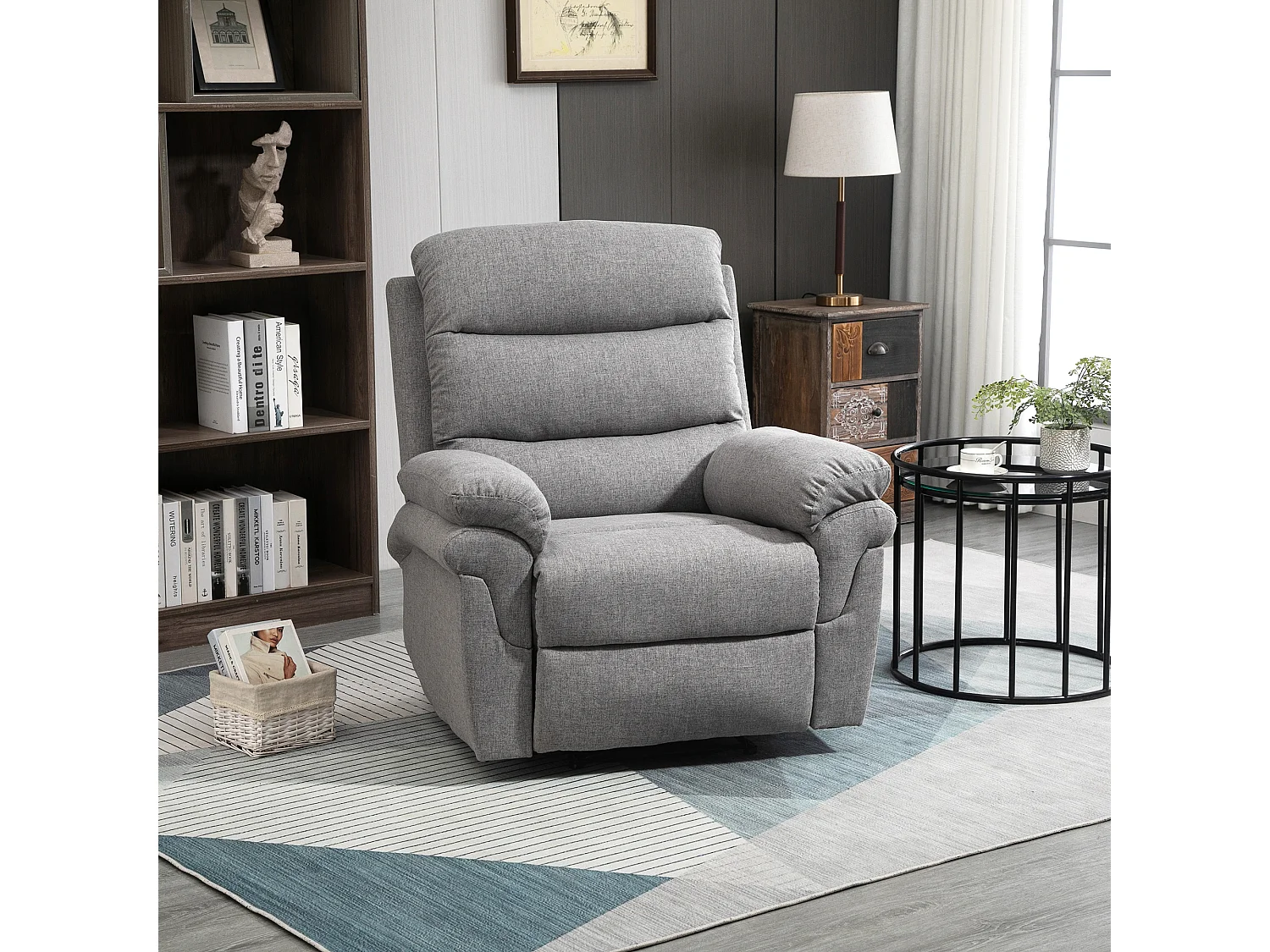Fauteuil de relaxation inclinable manuel avec repose-pied ajustable tissu polyester aspect lin gris clair chiné