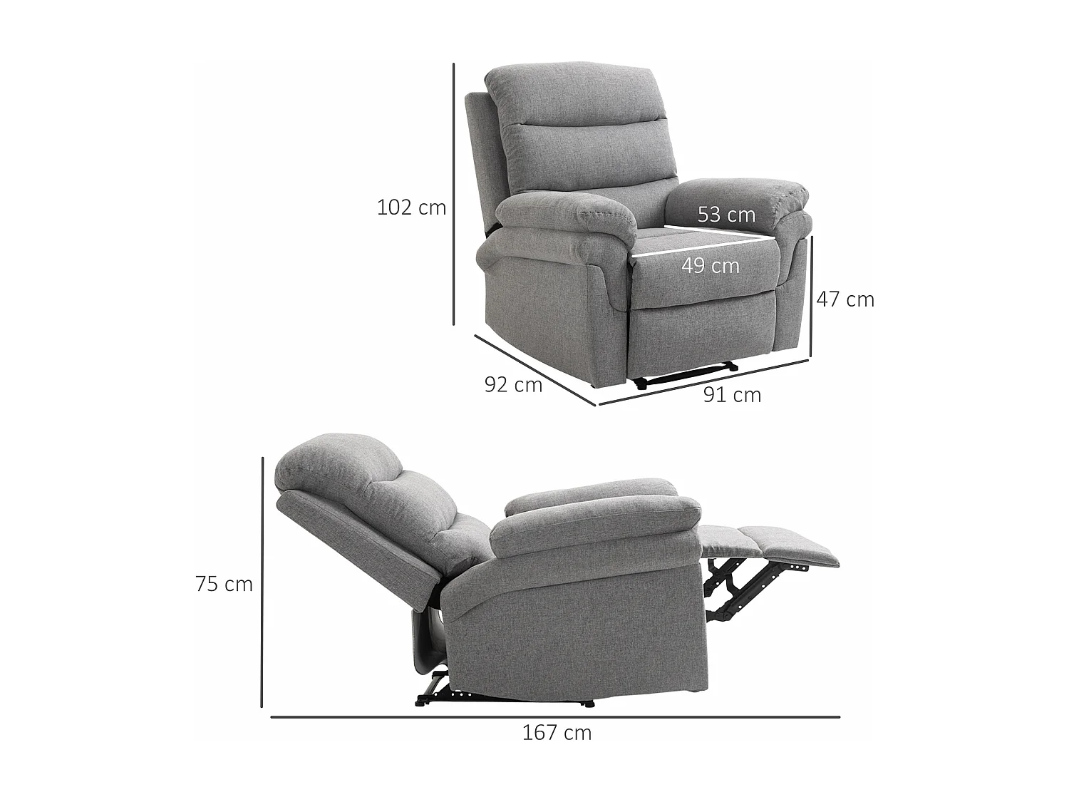 Fauteuil de relaxation inclinable manuel avec repose-pied ajustable tissu polyester aspect lin gris clair chiné