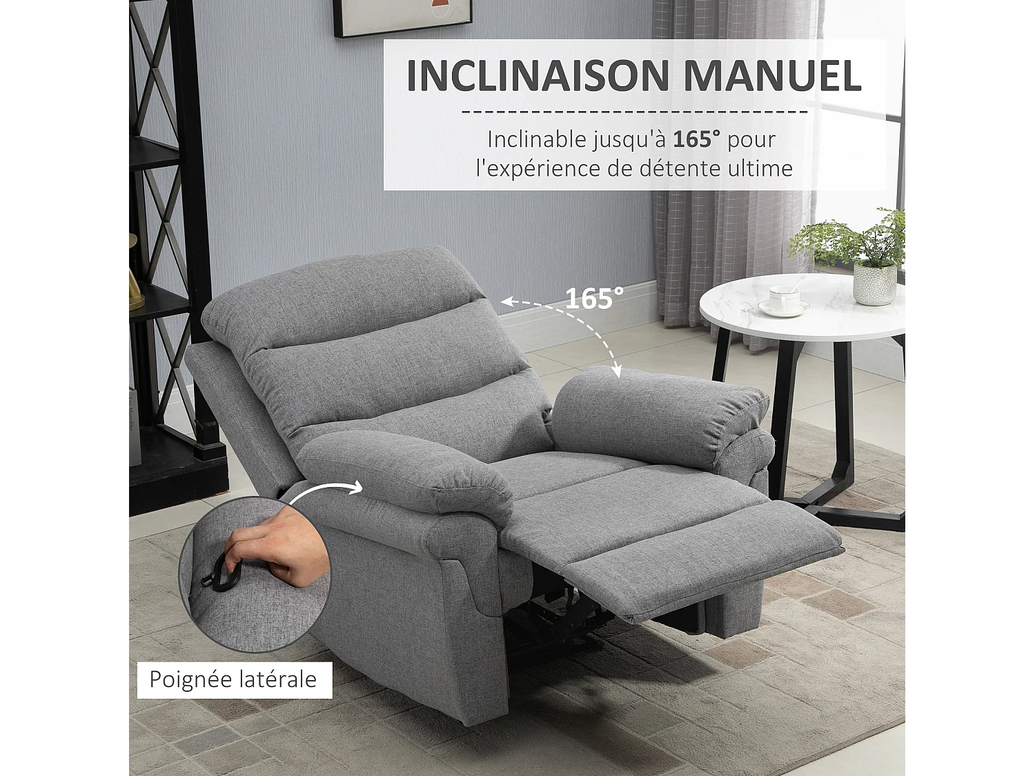 Fauteuil de relaxation inclinable manuel avec repose-pied ajustable tissu polyester aspect lin gris clair chiné