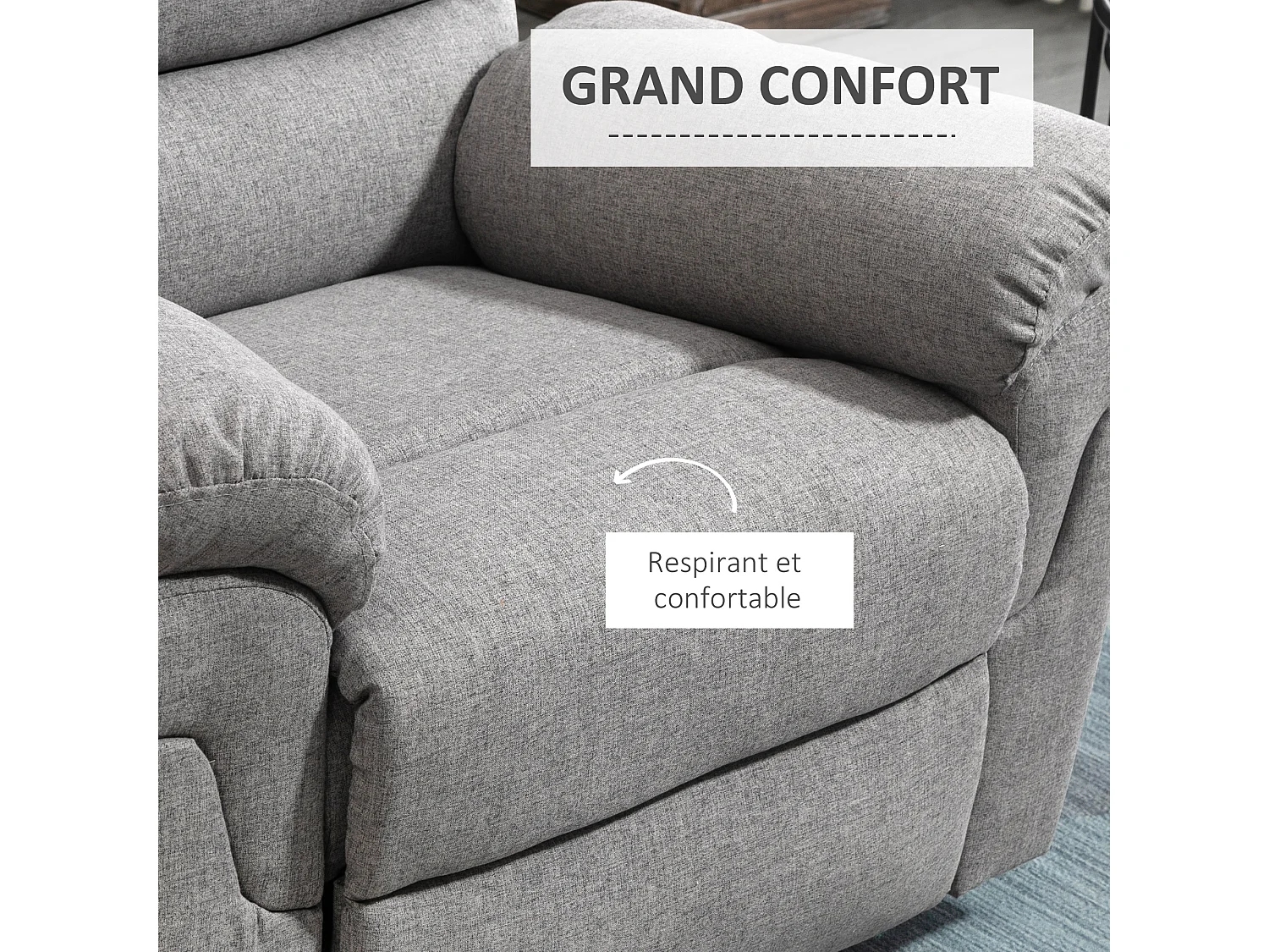 Fauteuil de relaxation inclinable manuel avec repose-pied ajustable tissu polyester aspect lin gris clair chiné