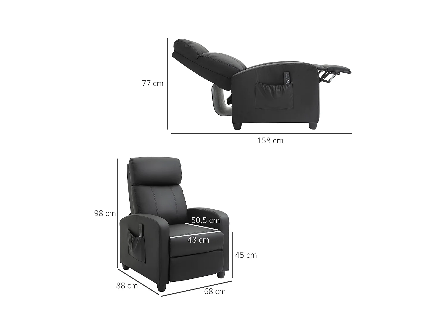 Fauteuil de relaxation et massage inclinaison dossier repose-pied réglable revêtement synthétique noir