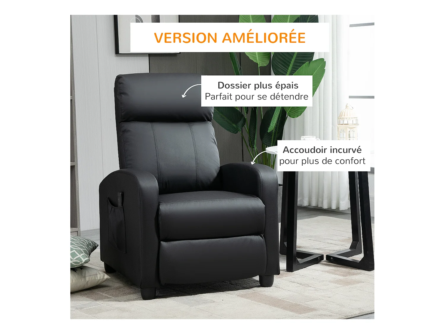 Fauteuil de relaxation et massage inclinaison dossier repose-pied réglable revêtement synthétique noir
