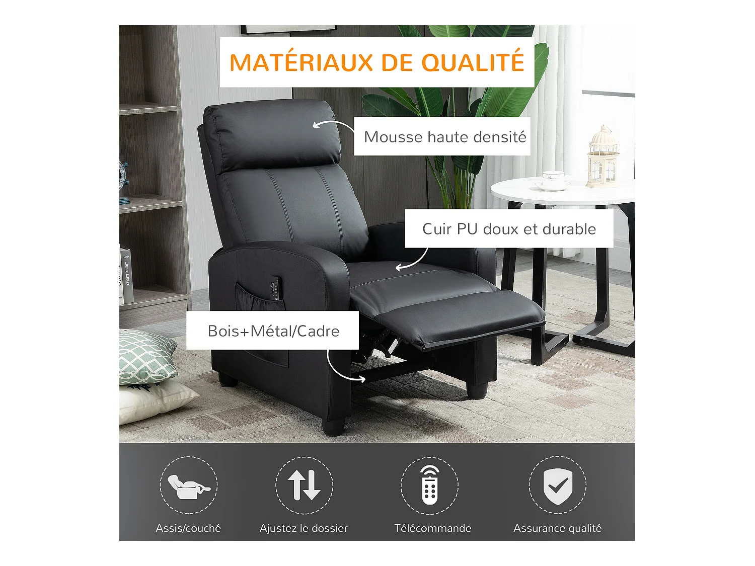 Fauteuil de relaxation et massage inclinaison dossier repose-pied réglable revêtement synthétique noir