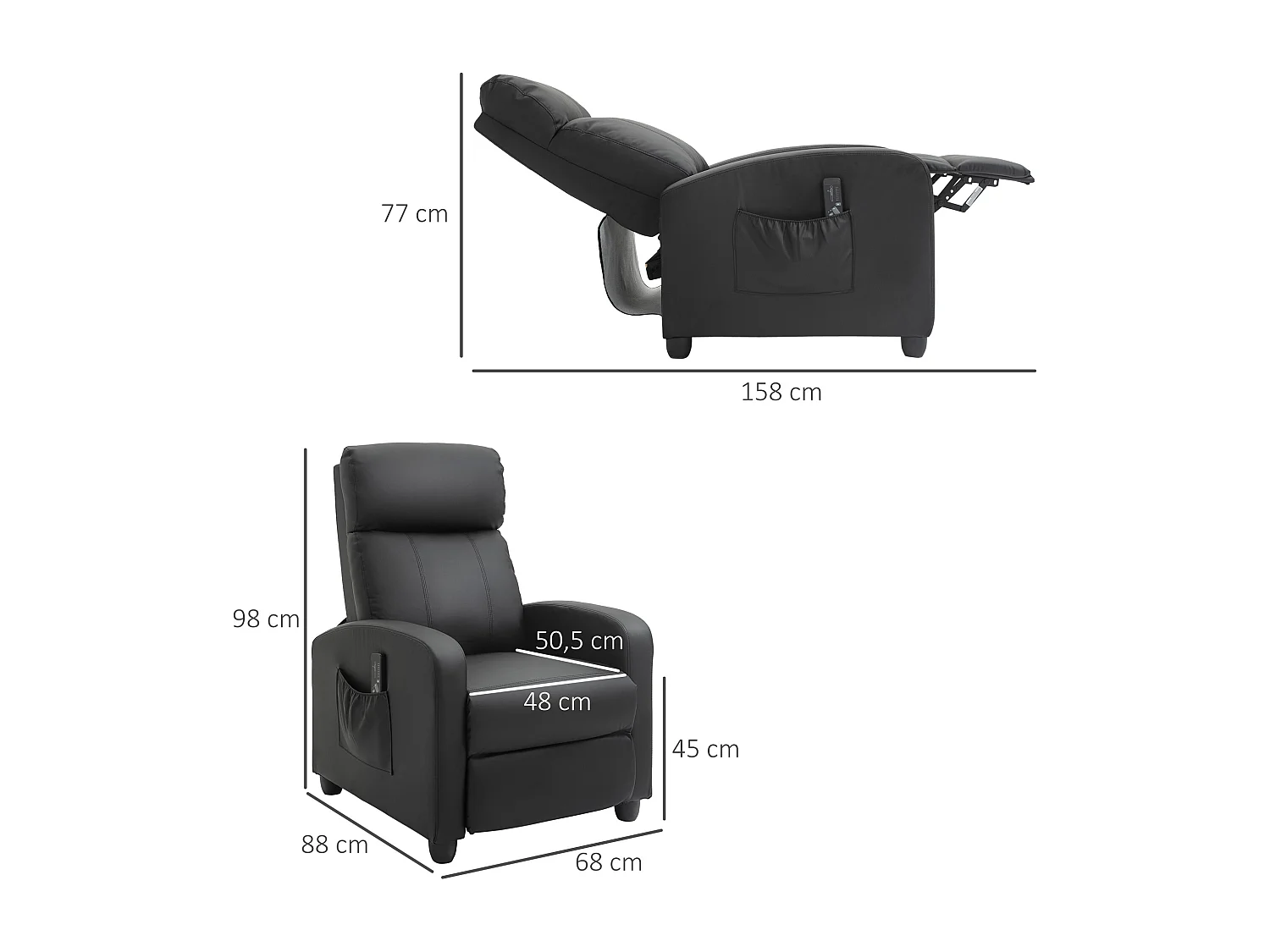 Fauteuil de relaxation et massage inclinaison dossier repose-pied réglable revêtement synthétique noir