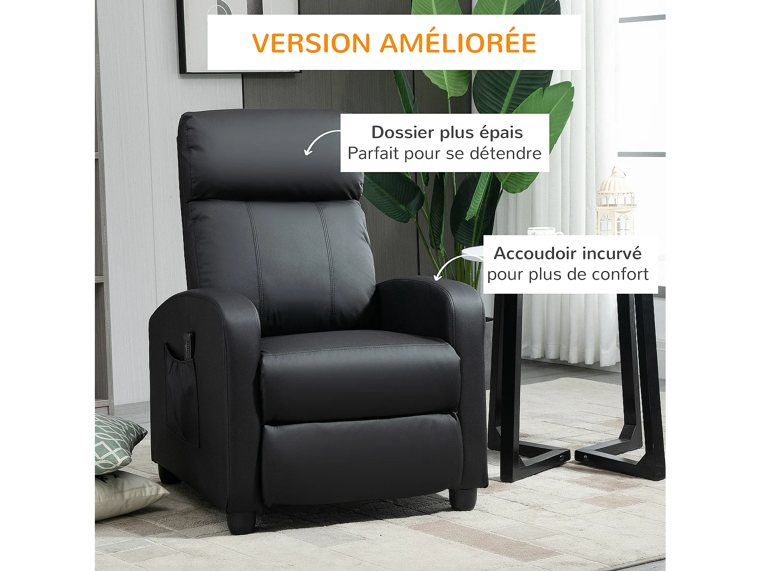 Fauteuil de relaxation et massage inclinaison dossier repose-pied réglable revêtement synthétique noir