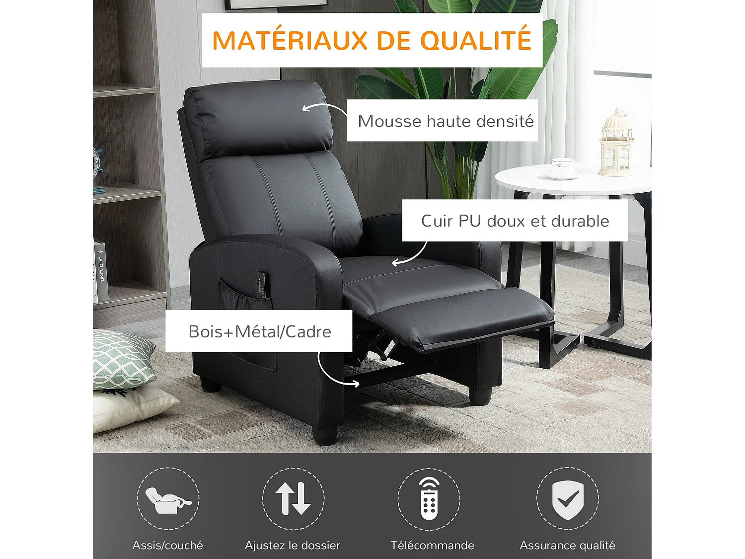 Fauteuil de relaxation et massage inclinaison dossier repose-pied réglable revêtement synthétique noir