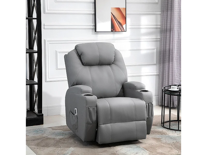 Fauteuil luxe de relaxation et massage inclinaison dossier repose-pied électrique revêtement synthétique gris