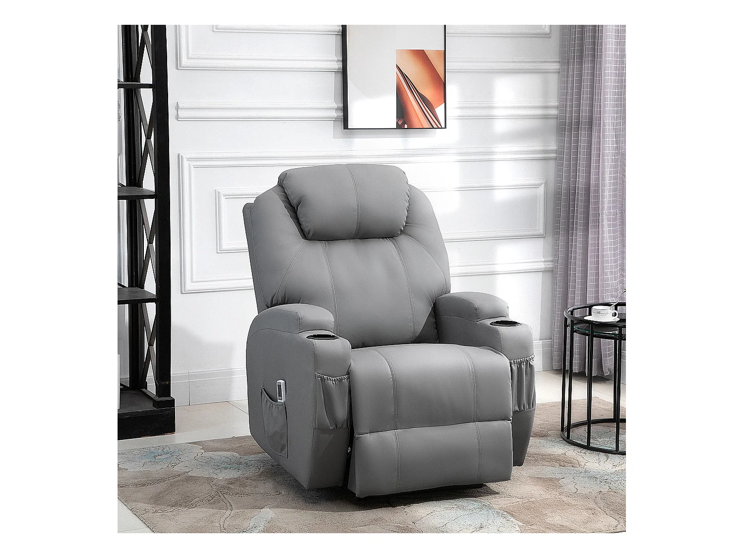 Fauteuil luxe de relaxation et massage inclinaison dossier repose-pied électrique revêtement synthétique gris