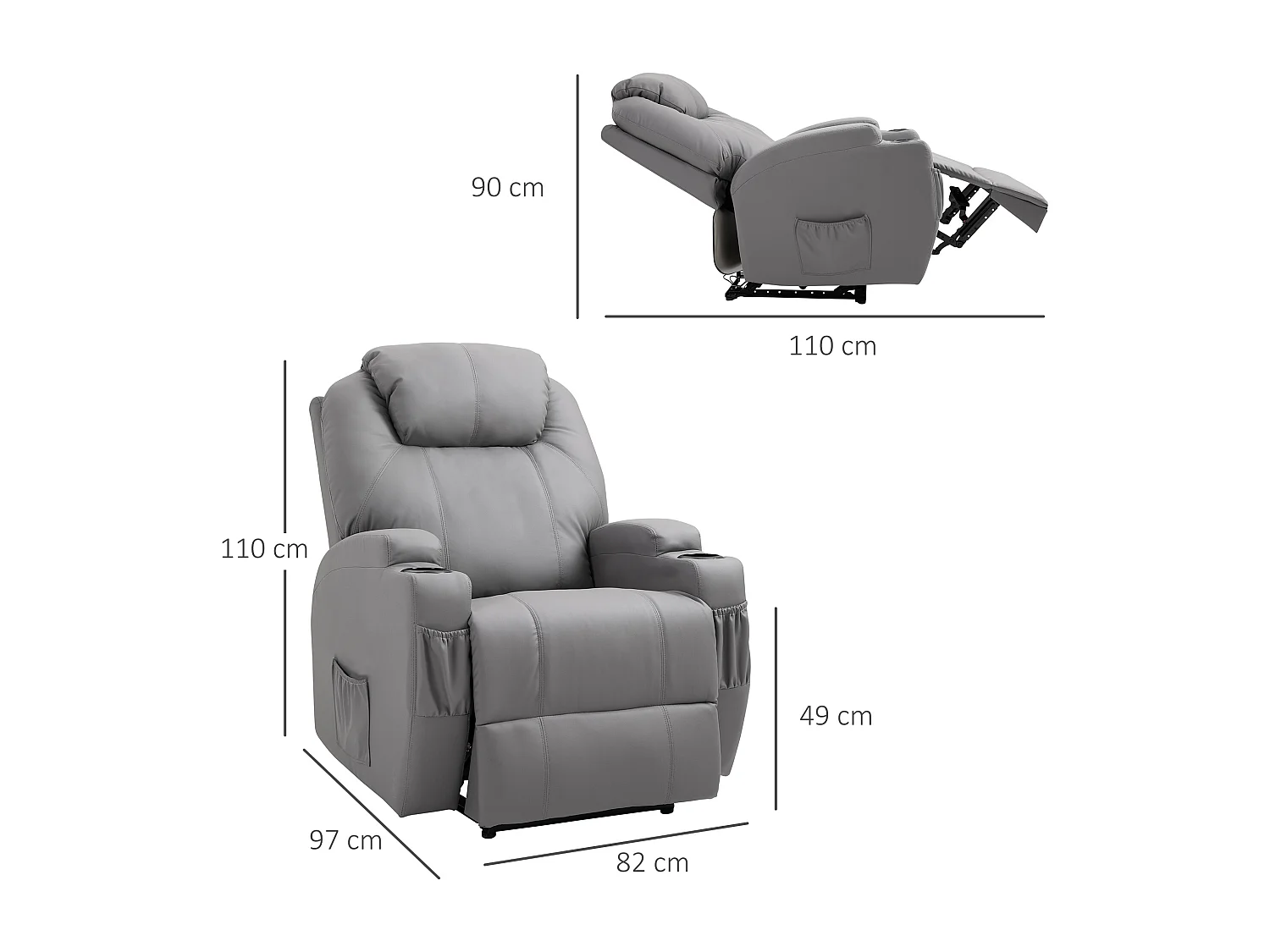 Fauteuil luxe de relaxation et massage inclinaison dossier repose-pied électrique revêtement synthétique gris