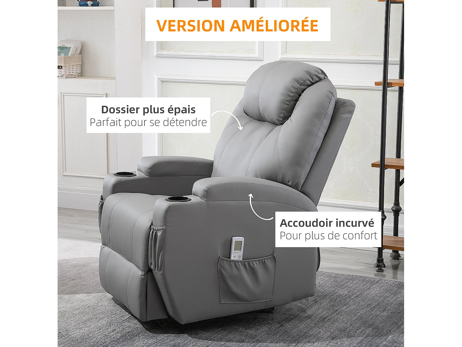 Fauteuil luxe de relaxation et massage inclinaison dossier repose-pied électrique revêtement synthétique gris