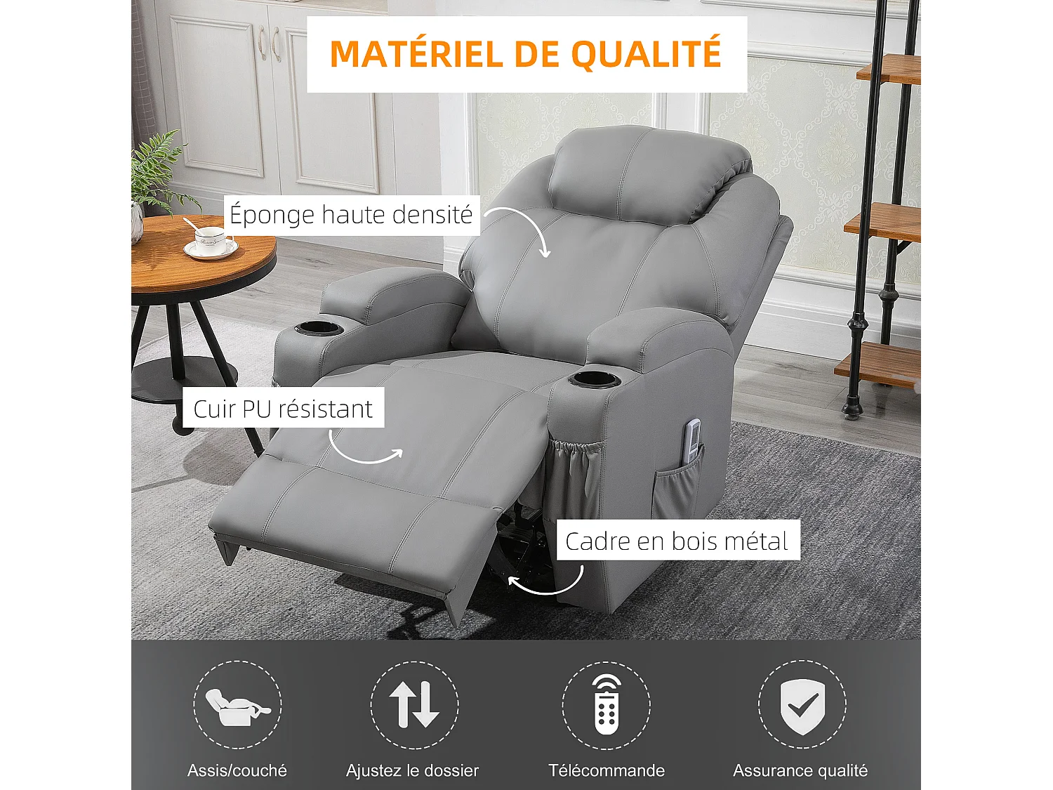 Fauteuil luxe de relaxation et massage inclinaison dossier repose-pied électrique revêtement synthétique gris