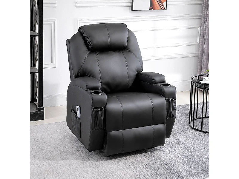 Fauteuil luxe de relaxation et massage inclinaison dossier repose-pied électrique revêtement synthétique noir