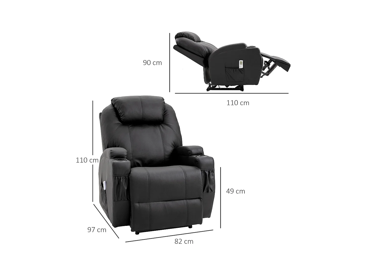 Fauteuil luxe de relaxation et massage inclinaison dossier repose-pied électrique revêtement synthétique noir