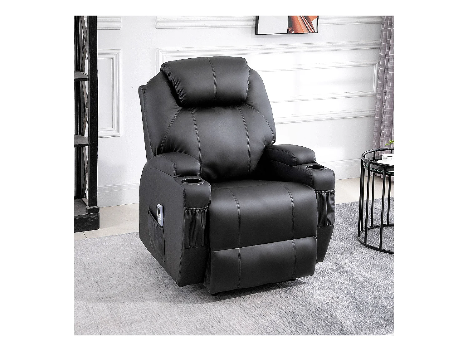 Fauteuil luxe de relaxation et massage inclinaison dossier repose-pied électrique revêtement synthétique noir