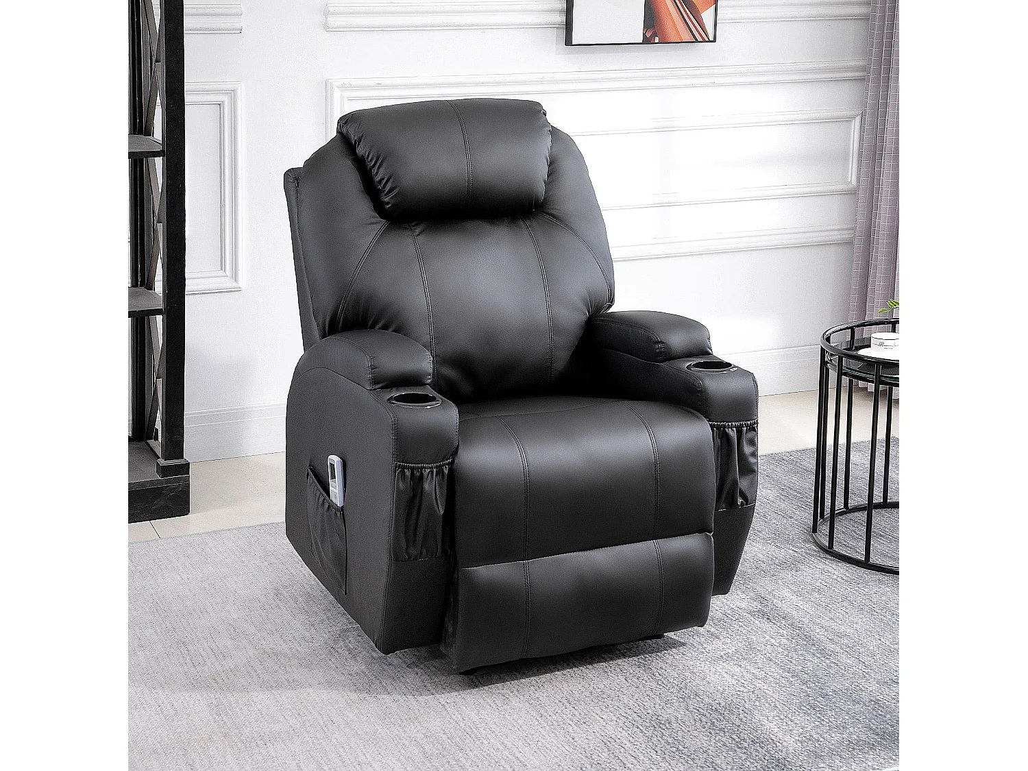 Fauteuil luxe de relaxation et massage inclinaison dossier repose-pied électrique revêtement synthétique noir