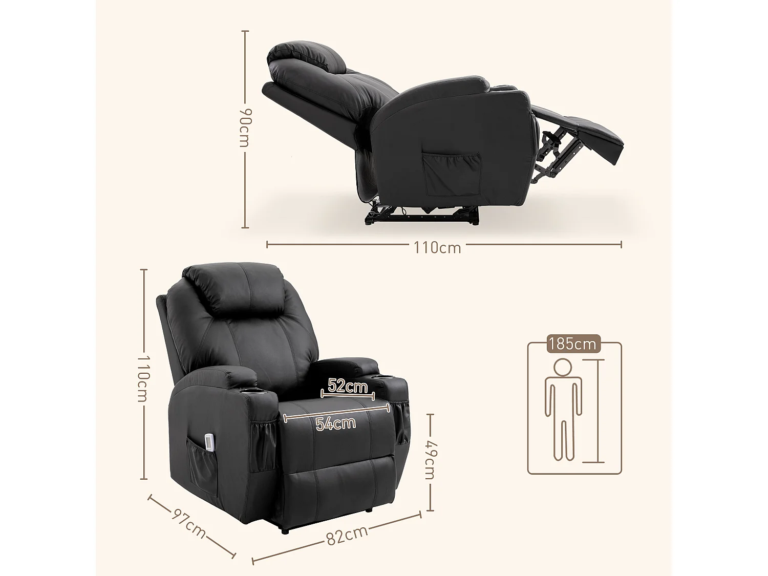 Fauteuil luxe de relaxation et massage inclinaison dossier repose-pied électrique revêtement synthétique noir