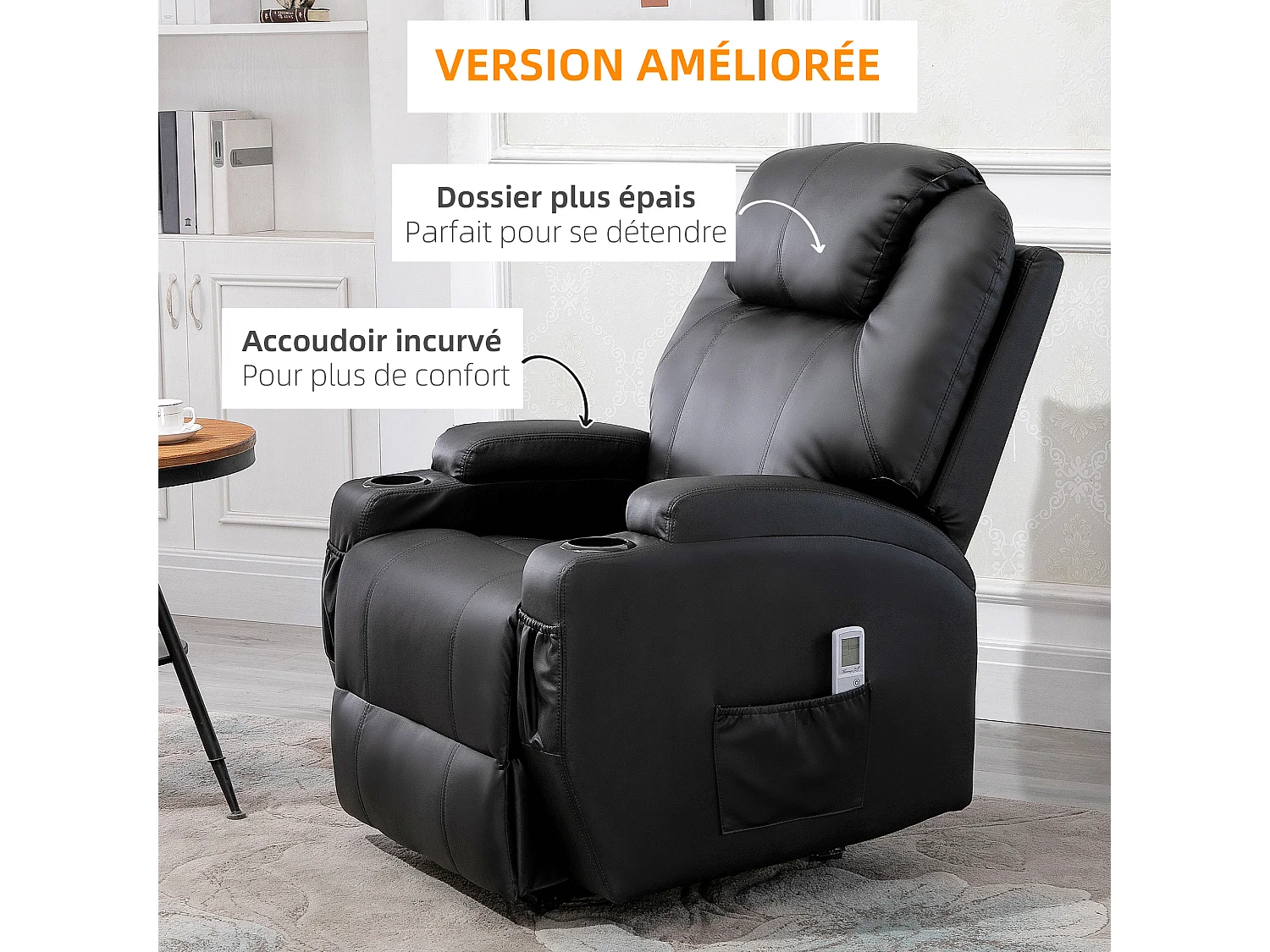 Fauteuil luxe de relaxation et massage inclinaison dossier repose-pied électrique revêtement synthétique noir