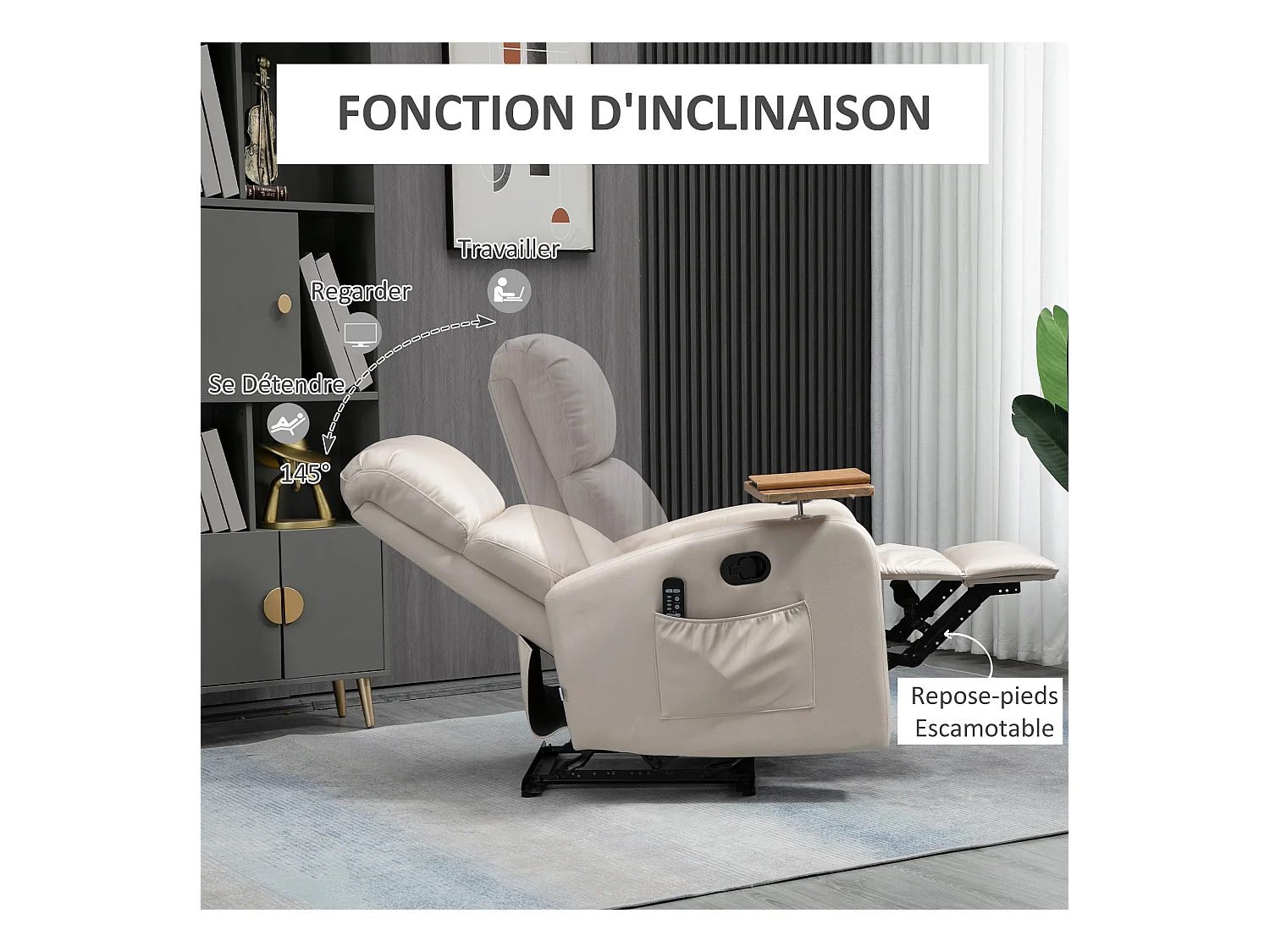 Fauteuil de massage inclinable avec repose-pied télécommande revêtement synthétique tissu beige