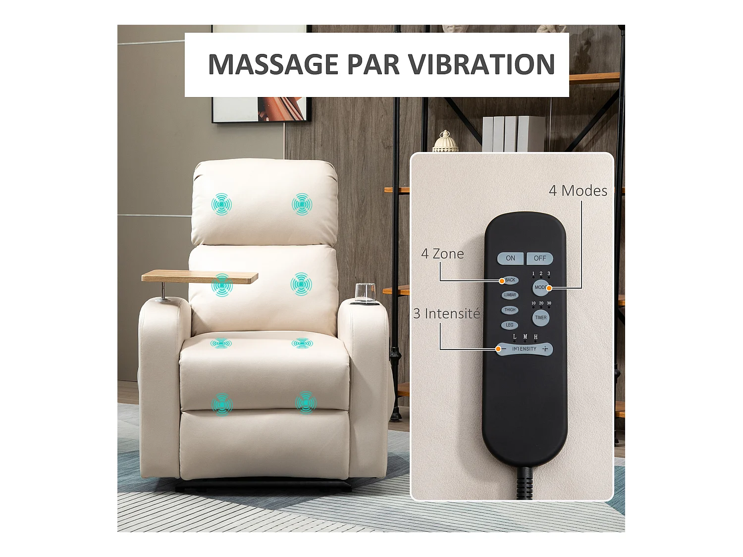 Fauteuil de massage inclinable avec repose-pied télécommande revêtement synthétique tissu beige