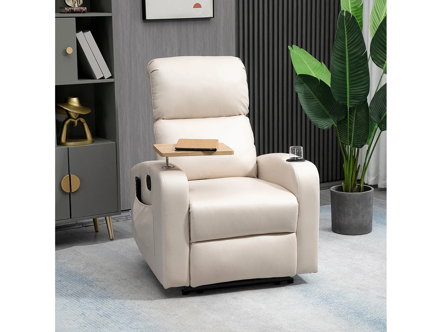 Fauteuil de massage inclinable avec repose-pied télécommande revêtement synthétique tissu beige