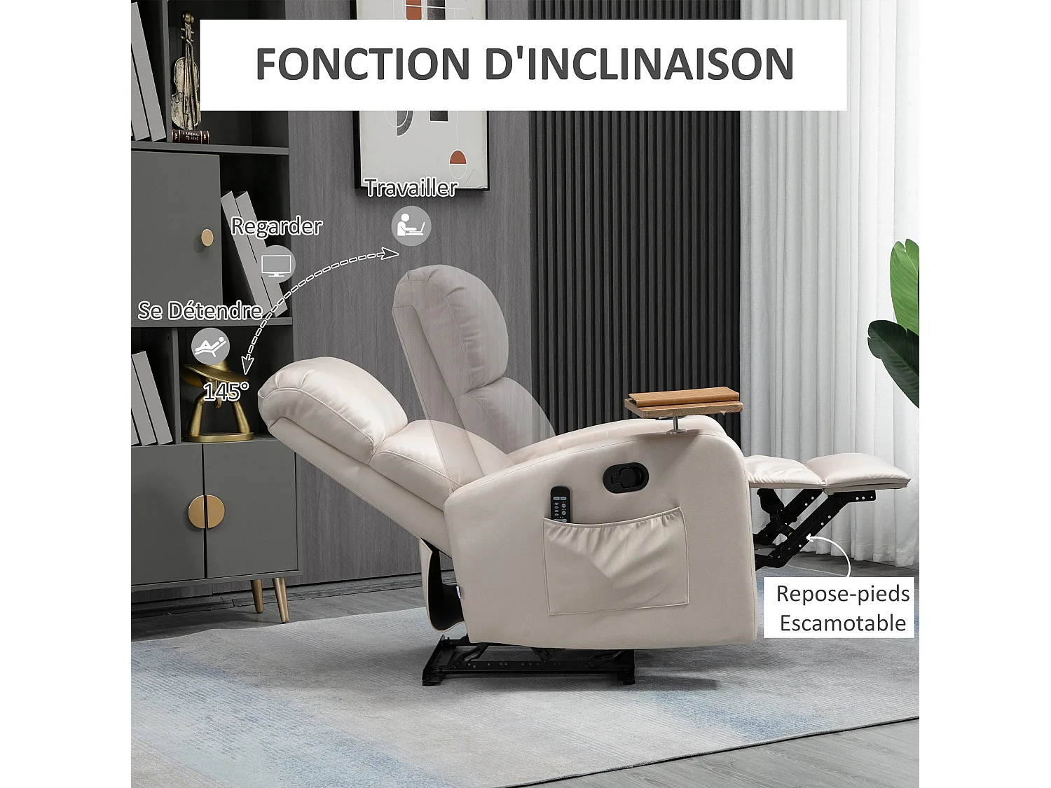 Fauteuil de massage inclinable avec repose-pied télécommande revêtement synthétique tissu beige