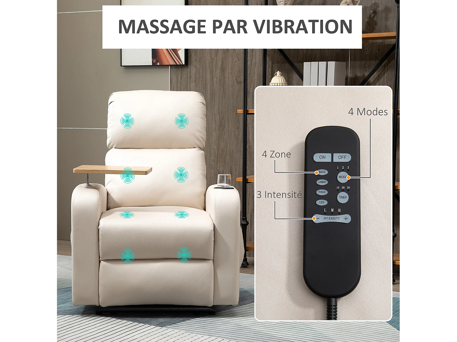 Fauteuil de massage inclinable avec repose-pied télécommande revêtement synthétique tissu beige