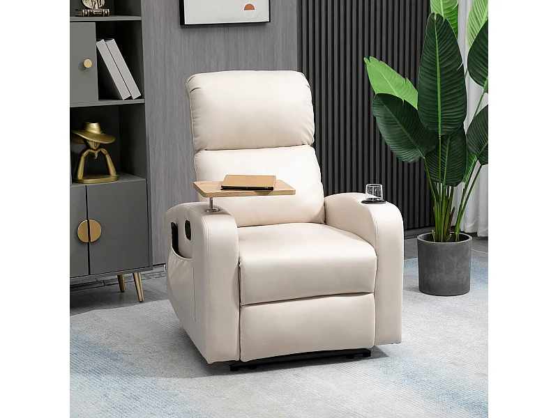 Fauteuil de massage inclinable avec repose-pied télécommande revêtement synthétique tissu beige
