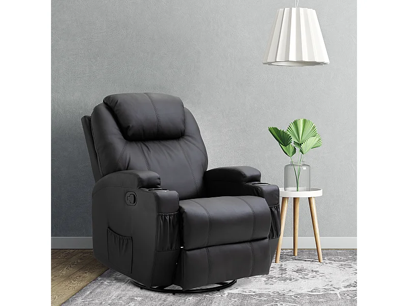 Fauteuil luxe de relaxation et massage inclinaison dossier repose-pied réglable revêtement synthétique noir