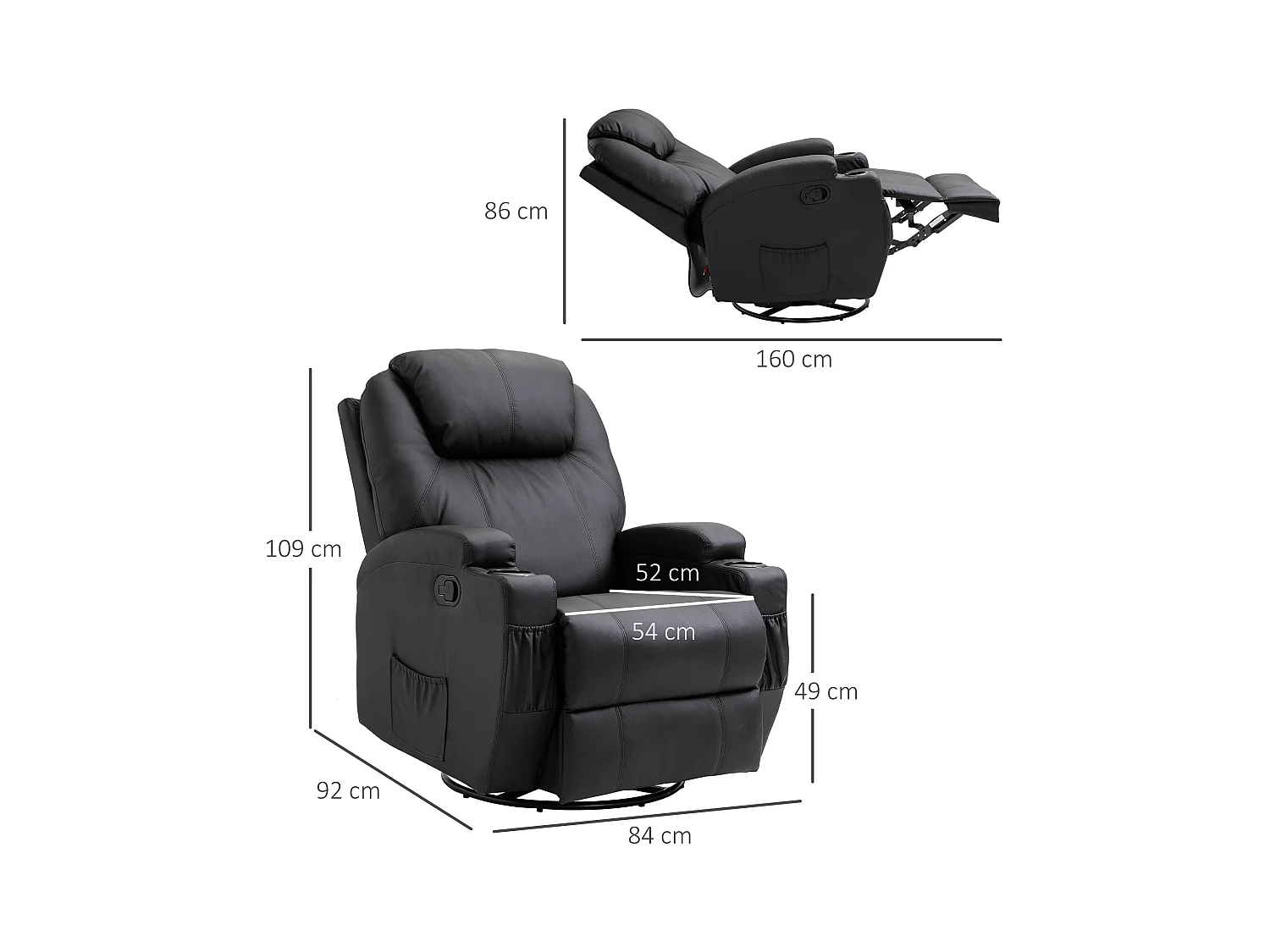 Fauteuil luxe de relaxation et massage inclinaison dossier repose-pied réglable revêtement synthétique noir