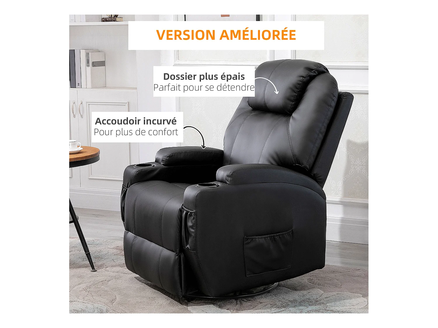 Fauteuil luxe de relaxation et massage inclinaison dossier repose-pied réglable revêtement synthétique noir