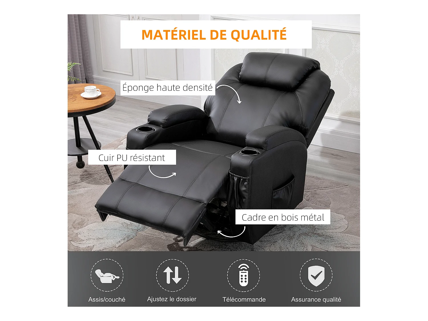 Fauteuil luxe de relaxation et massage inclinaison dossier repose-pied réglable revêtement synthétique noir