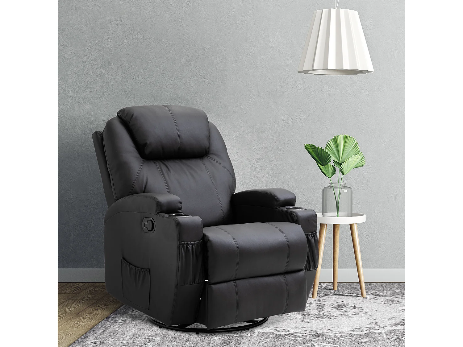 Fauteuil luxe de relaxation et massage inclinaison dossier repose-pied réglable revêtement synthétique noir
