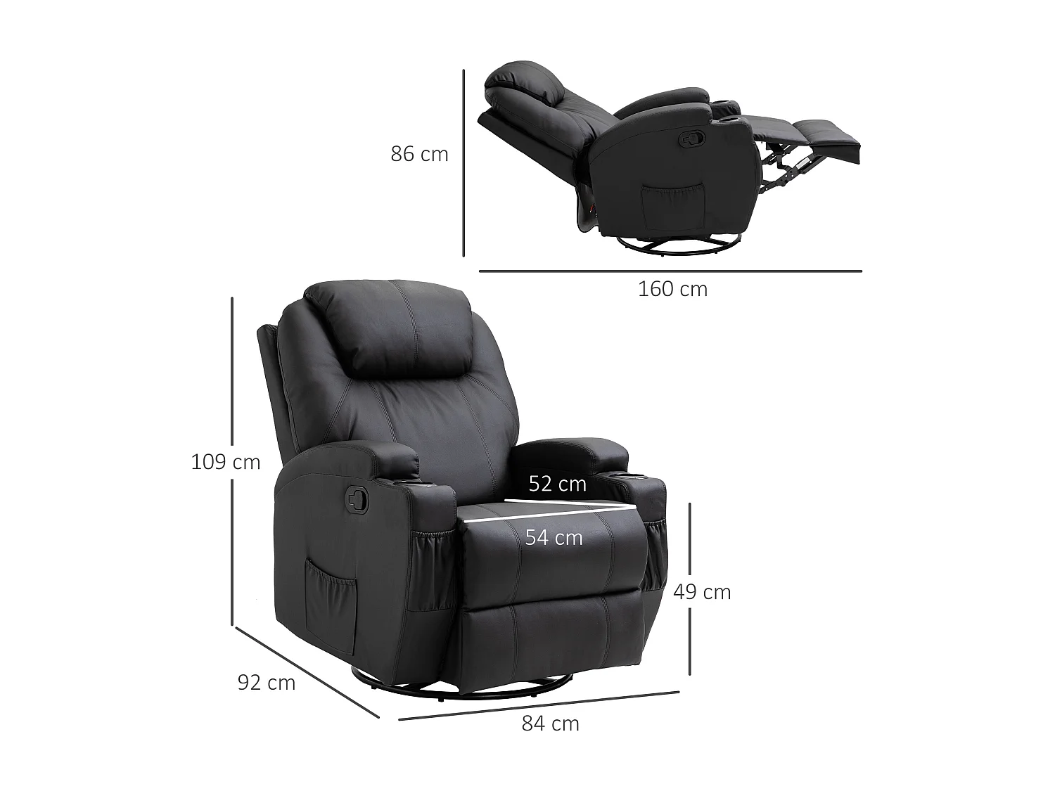 Fauteuil luxe de relaxation et massage inclinaison dossier repose-pied réglable revêtement synthétique noir