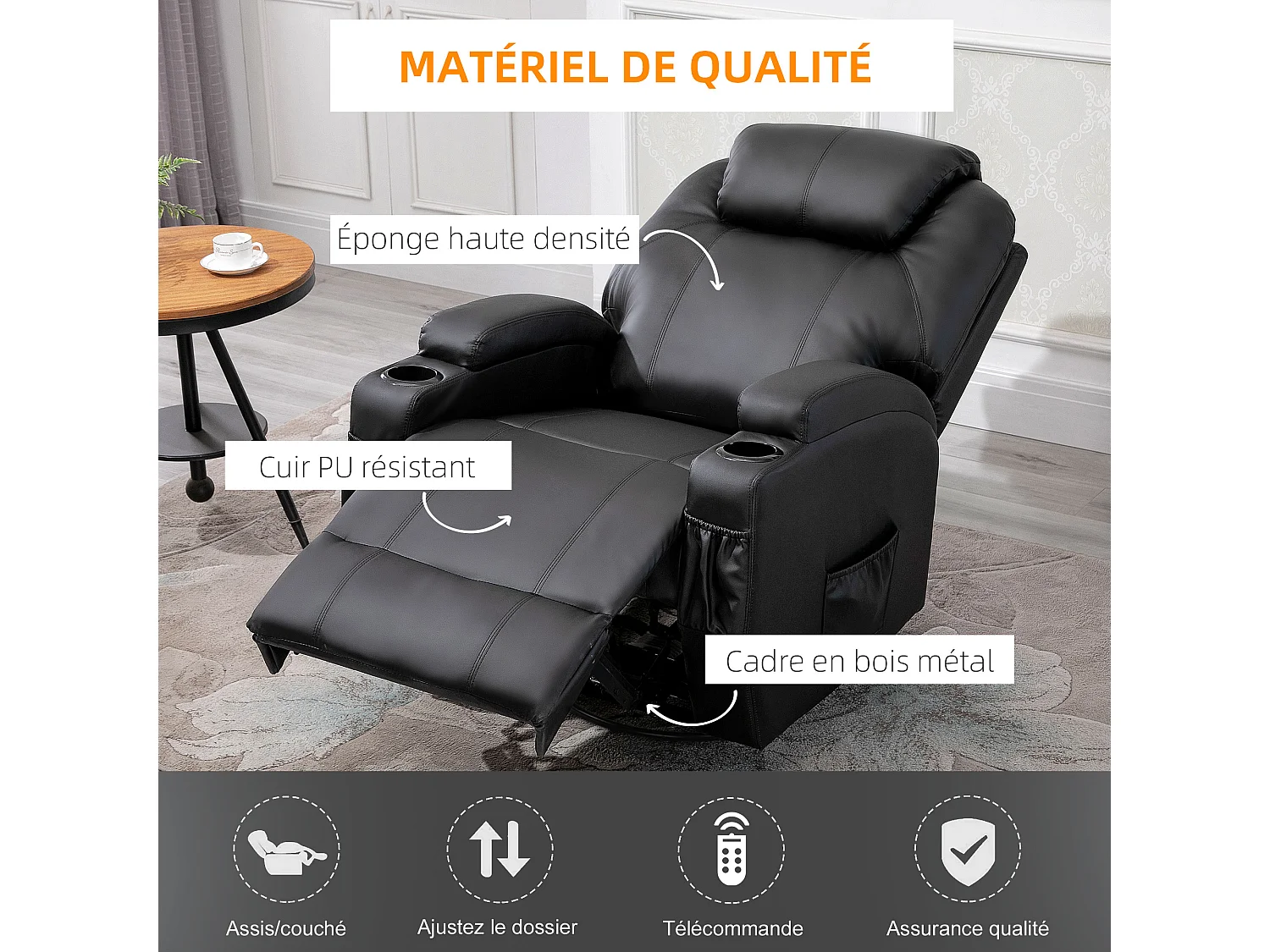 Fauteuil luxe de relaxation et massage inclinaison dossier repose-pied réglable revêtement synthétique noir