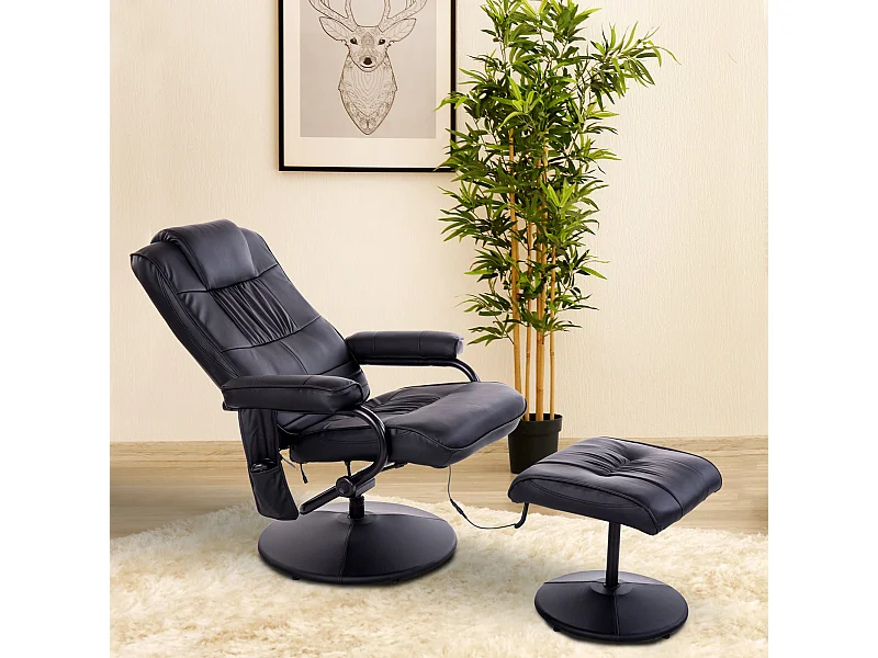 Fauteuil de massage et relaxation électrique pivotant inclinable avec repose-pied revêtement synthétique noir