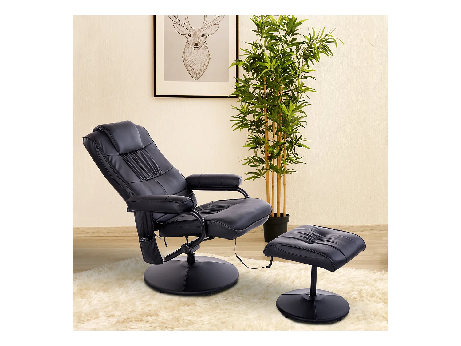 Fauteuil de massage et relaxation électrique pivotant inclinable avec repose-pied revêtement synthétique noir